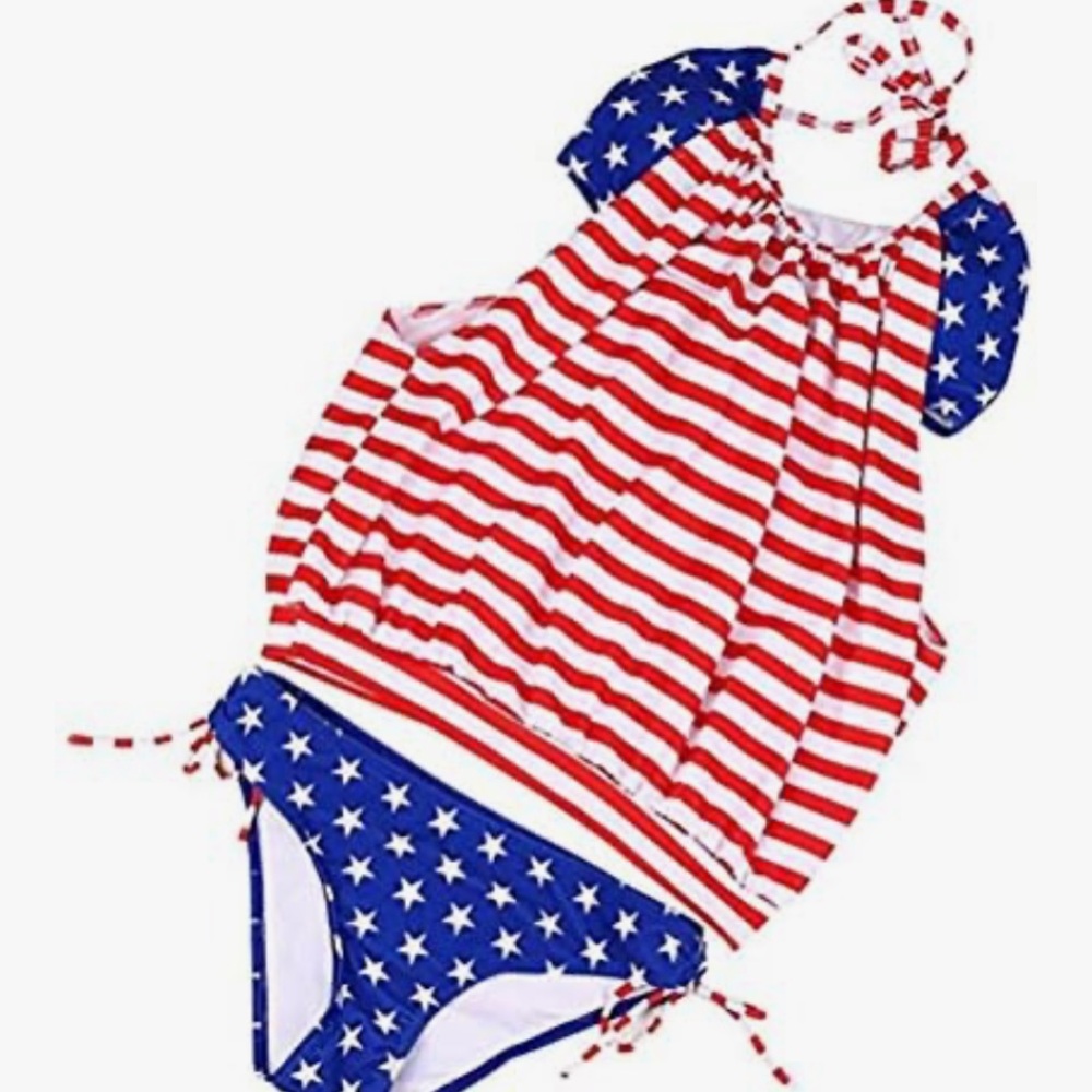 🚘Red and Blue Star-Striped Swimsuit NWOT 2 piece swim suits American flag design - Picture 6 of 13